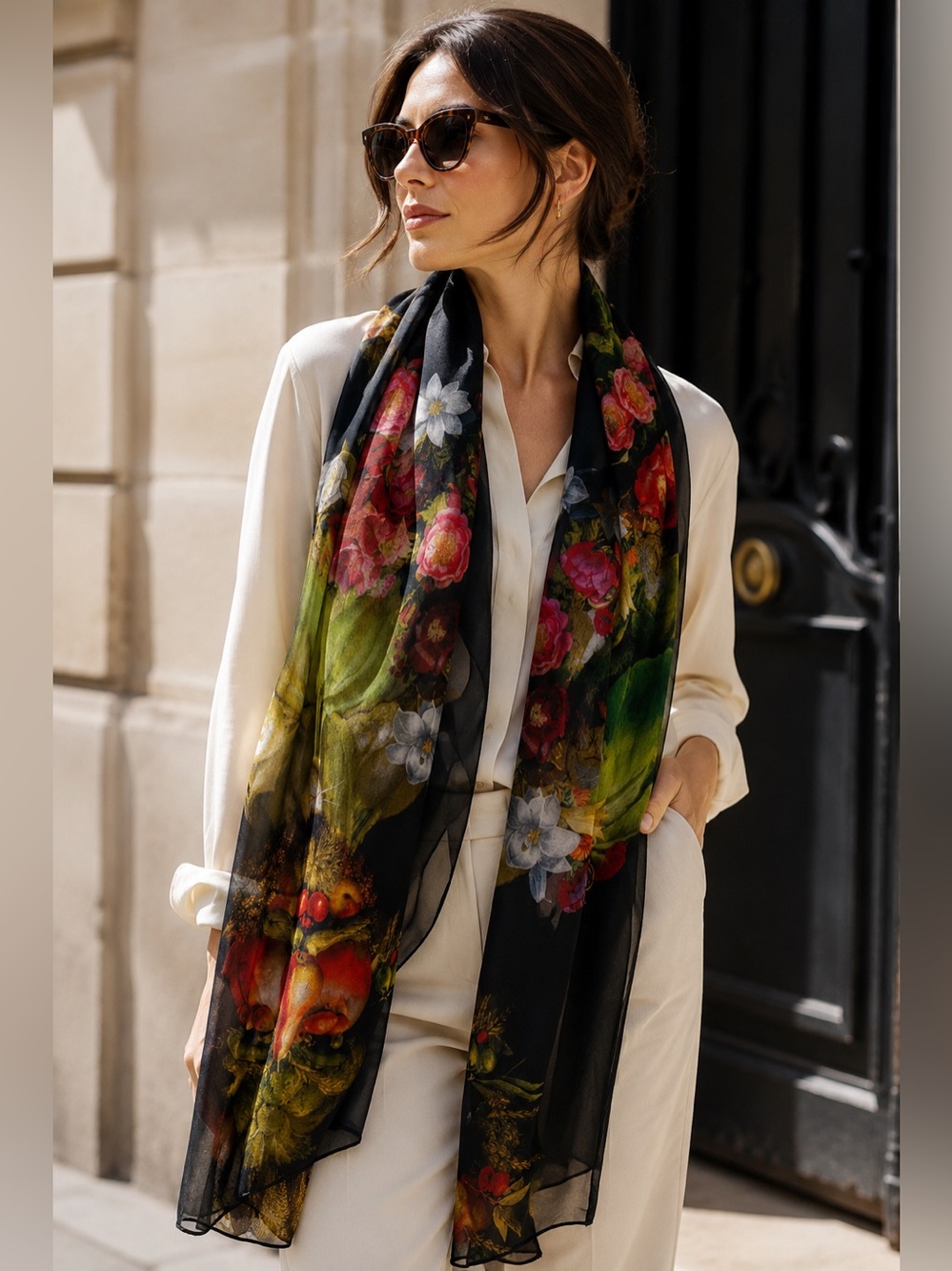 Brochier Soieries France 100% Silk Chiffon Arcimboldo Floral Portrait Art Scarf